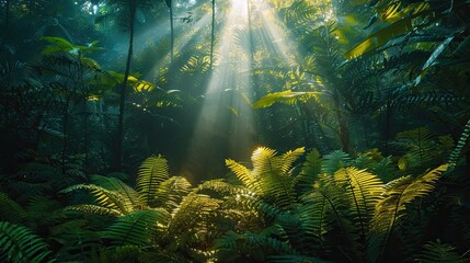 Sunlight Filtering through a Misty Forest