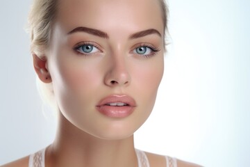 Fototapeta premium Woman with light blue eye and pinkish tint to her lips