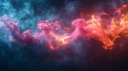  A collage of multicolored clouds set against a backdrop of blue and pink, with an orange-red smoke vortex at its center - obrazy, fototapety, plakaty