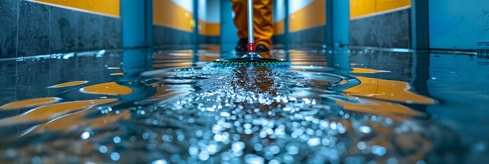 Person Mopping a Hallway with Water Seeping Underneath,
A Man janitor mopping floor in new storage room of laboratory. Commercial cleaning and janitor services concept - obrazy, fototapety, plakaty
