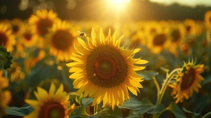 Sunset Glow on Sunflower Field