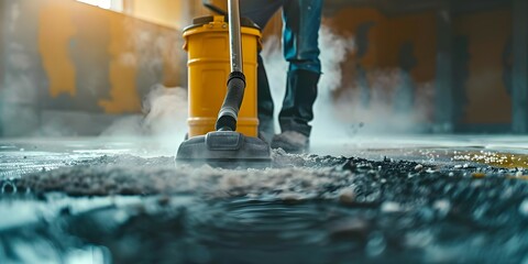 Removing dust and debris from construction site with highpowered vacuum cleaner. Concept Construction Cleanup, Highpowered Vacuum, Dust Removal, Debris Removal, Site Maintenance - obrazy, fototapety, plakaty