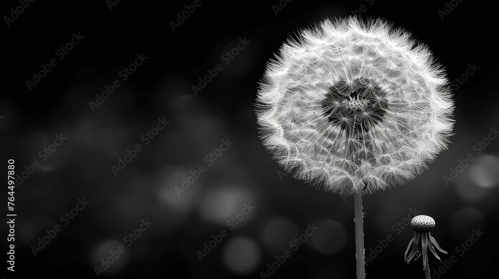 Poster black and white image of sharp dandelion against blurred background
