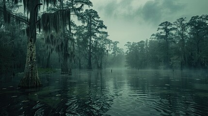 Misty Swamp at Twilight - obrazy, fototapety, plakaty