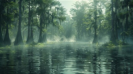 Misty Cypress Swamp Serenity - obrazy, fototapety, plakaty