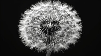  A monochrome image depicts a dandelion against a dark backdrop, featuring a minute white speck at its center