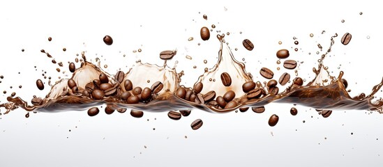 A close-up view of dark coffee splashing and spilling onto the ground in a messy and chaotic manner - obrazy, fototapety, plakaty