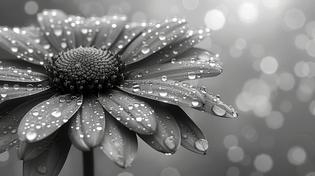  A monochrome picture depicts a blossom drenched in dew, set against a softly blurred backdrop