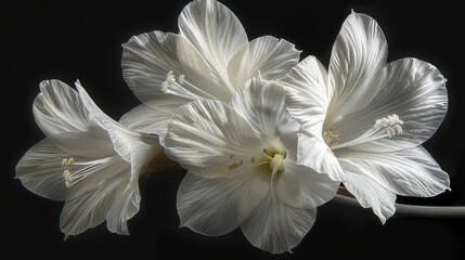  A pair of white blossoms resting atop a black table against a dark wall and backdrop