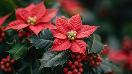  A close-up of a poinsettia plant with red flowers, green leaves, and red berries