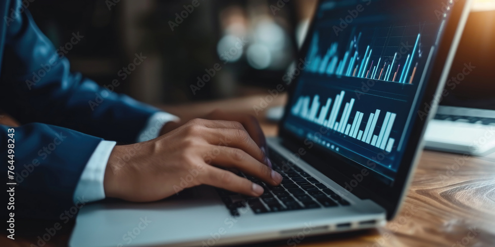 Poster man is typing on laptop with graph on screen