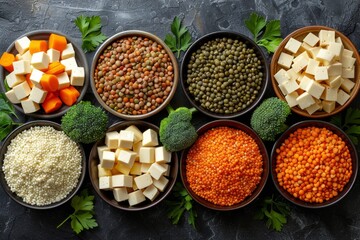 Top view of a selection of colorful legumes, herbs, and tofu on a dark textured surface.