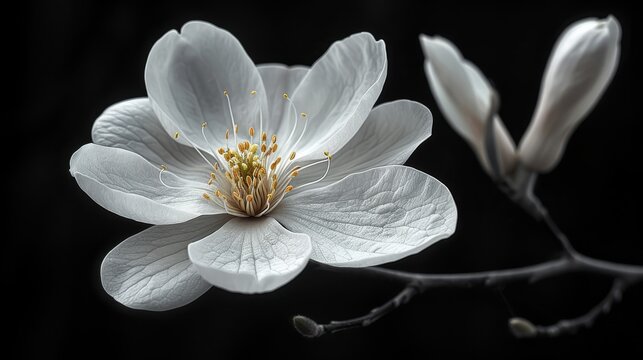  A close-up image of a white blossom on a branch against a dark background, featuring a yellow center