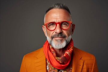 Portrait of a stylish senior man in orange jacket and red scarf.