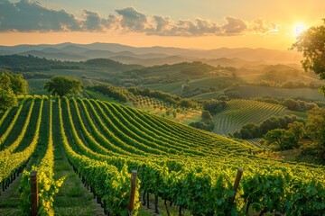 A verdant vineyard stretches over undulating hills under a radiant sunset, encapsulating rural charm.