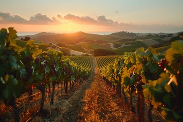 Sunlight bathes a rolling vineyard, highlighting the vibrant greenery of grapevines during golden...