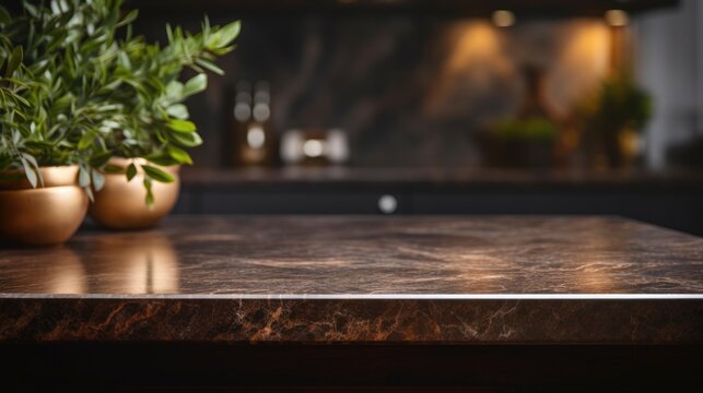 Modern empty dark marble table top or kitchen island on blurry bokeh kitchen