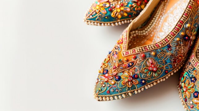 pair of traditional Indian jutti shoes, intricately embroidered and adorned with shimmering beads, showcasing cultural elegance against a pristine white backdrop.