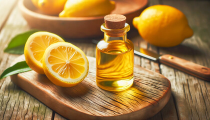 Bottle of lemon essential oil on a wooden board with fresh lemons. - obrazy, fototapety, plakaty