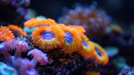  A photo of a close-up of an orange and blue sea anemone, surrounded by other sea anemones in the background