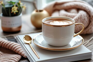 A cozy coffee moment with a latte in an elegant white cup, a gold spoon, and a soft pink sweater, creating a warm and inviting atmosphere.