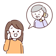 電話で楽しく話す女性とシニア女性