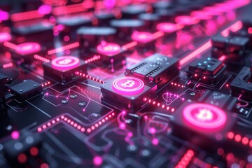 Fototapeta premium Cryptocurrency concept with glowing Bitcoin symbols on a circuit board.