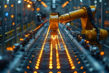 Industrial robot working on a conveyor belt with glowing elements.