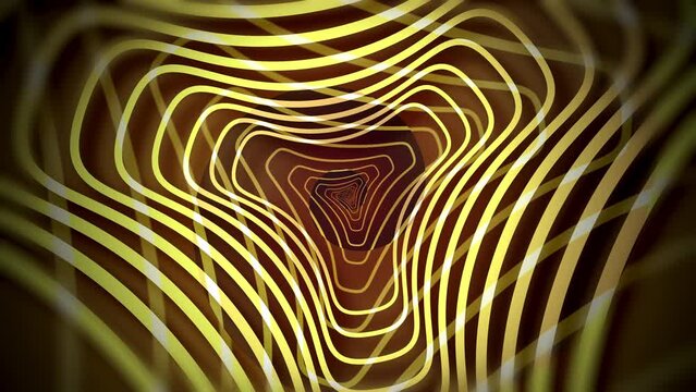 Fast clockwise motion of overlapping curvy shapes with hypnotic effect. Intertwined rippling geometric shapes on color changing background. 4K CG animation, spiral and elements creating a well depth