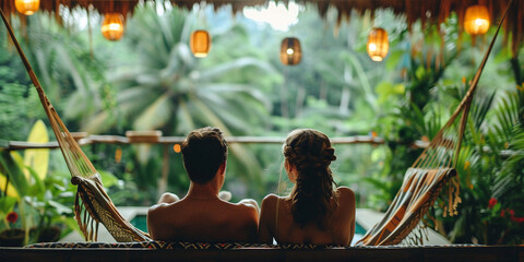 Back view of a couple sitting together at a Bali resort, surrounded by lush tropical greenery, enjoying a moment of peaceful serenity.