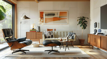 A spacious and elegant mid-centurt living room design.