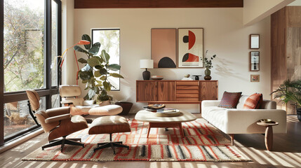 A spacious and elegant mid-centurt living room design.