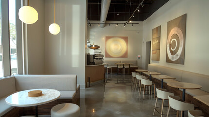 Bright and airy modern loft coffee shop interior design.