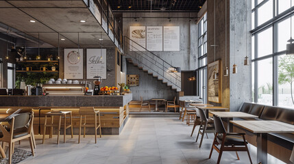 Bright and airy modern loft coffee shop interior design.