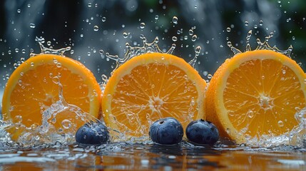  A group of oranges and blueberries splash into water, creating a splash