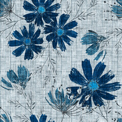 Seamless monochrome textured floral pattern, blue flowers on a light gray-blue background.