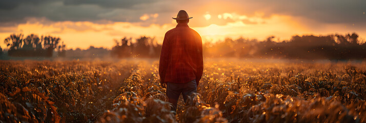 Man Working in the Field,
A solitary man deep in thought and his back illuminated by the setting sun
 - obrazy, fototapety, plakaty