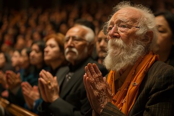 An elder man with white beard and glasses clasps hands in prayer among a crowd.