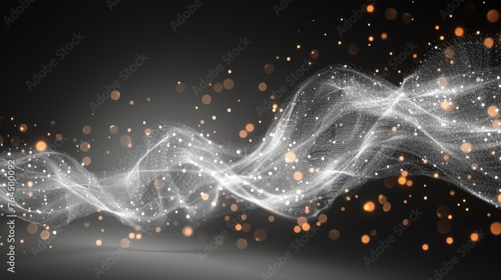 Poster a monochrome image depicts a luminous wave against a dark backdrop, featuring a diffused light sourc