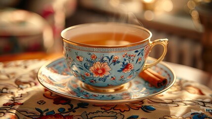  A photo shows a steaming tea cup atop a saucer beside a plate adorned with a cinnamon stick
