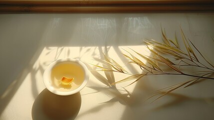  A white bowl holds yellow liquid, atop a table near a vase with yellow flowers