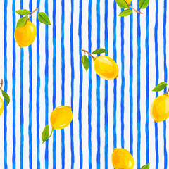 Beautiful fresh summer design with watercolor yellow lemon fruits and blue stripes on the background. Stock illustration. Ready print for textile. Seamless pattern.