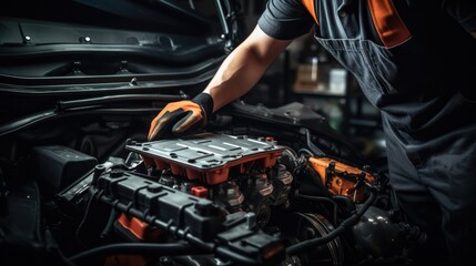 Fototapeta premium Technician Hands of car mechanic working repair in auto repair Service electric battery and Maintenance of car battery. Check the electrical system inside the car