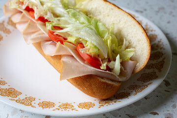 A closeup view of a turkey sandwich.
