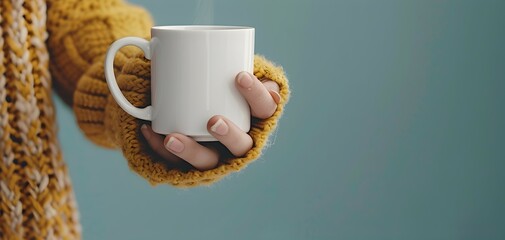Cozy Hand Holding Warm Mug in Knitted Scarf,Comfort and Relaxation in a Quiet Winter Moment - obrazy, fototapety, plakaty