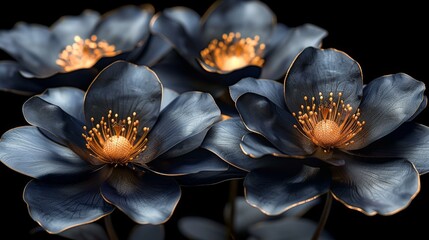  A cluster of blue blossoms featuring yellow anthers against a dark background, mirroring the reflection of the petals on the petals