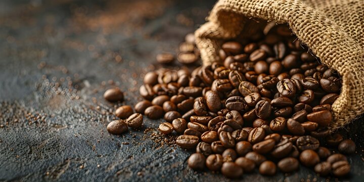 A closeup image of freshly roasted coffee beans spilling out from a burlap sack onto a dark,textured background