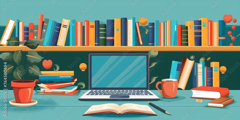 Poster laptop screen displaying online lecture in a cozy digital classroom setting with bookshelves and off
