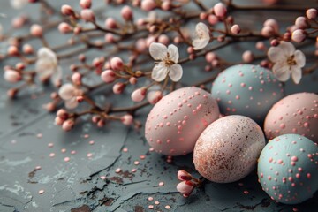 Obraz premium Pastel Easter eggs with dots, alongside white cherry blossoms on a textured grey surface.
