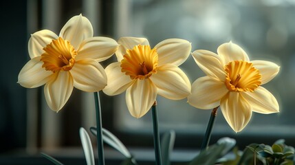  Three daffodils in a vase on a window sill, with a blurred background